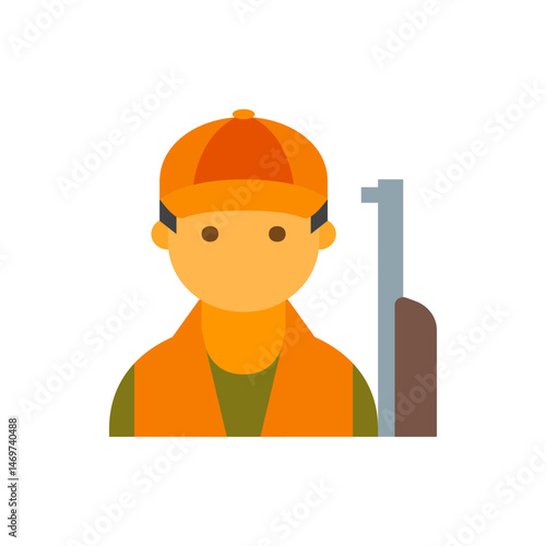 Illustration of a hunter with an orange cap and vest standing next to a rifle in a simple style design