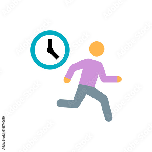 Illustration of a person running next to a clock with black hands and a blue circle border design