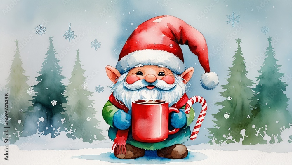 A charming watercolor Christmas gnome holding a red mug, set against a snowy background — perfect for a festive greeting card, evoking warmth, holiday cheer, and cozy winter vibes A charming watercolor Christmas gnome holding a red mug, set against a snowy background — perfect for a festive greeting card, evoking warmth, holiday cheer, and cozy winter vibes