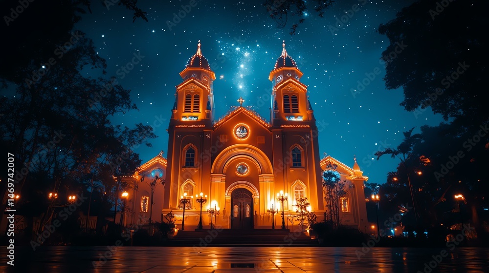 Obraz premium Night church architecture with starry sky, night church scene glowing with light and night church architecture beauty. Stunning illuminated church at night.