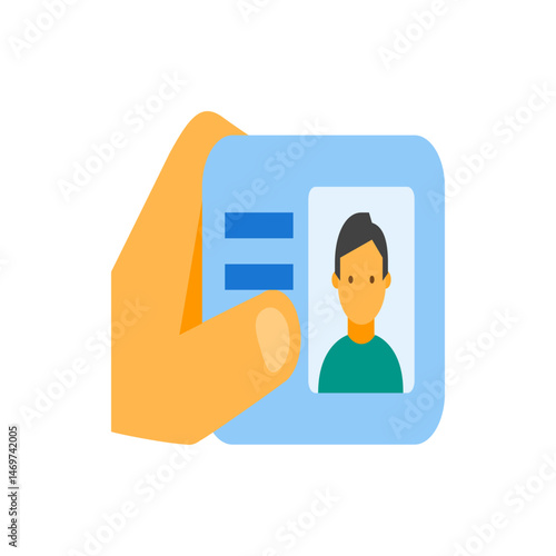 Hand holding a light blue identification card with a person's photo and information displayed on it