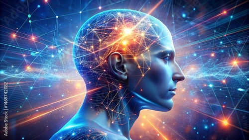 AI or artificial intelligence in image humanoid face head in profile view. AI solves problem. Bald head of artificial intelligence looks thoughtfully. Electrodes are connected to head of AI.