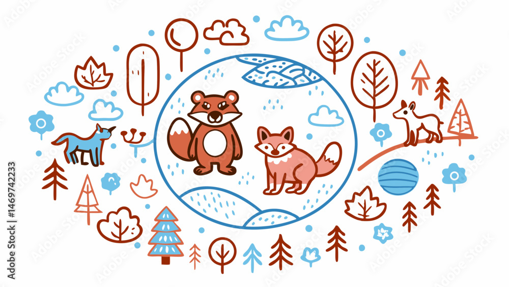 Fototapeta premium A stylized red fox stands against a forest landscape. The fox is surrounded by a coniferous or mixed forest: trees, bushes, mushrooms and grass. Suitable for children's books, environmental projects.