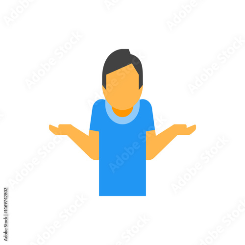 Person with dark hair in a blue shirt shrugging with both arms extended and palms up in a gesture of uncertainty
