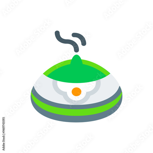 Illustration of a green and white aroma diffuser with steam coming out of it on a white background