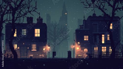 Snowy Night with City Street, and Pixel Art.