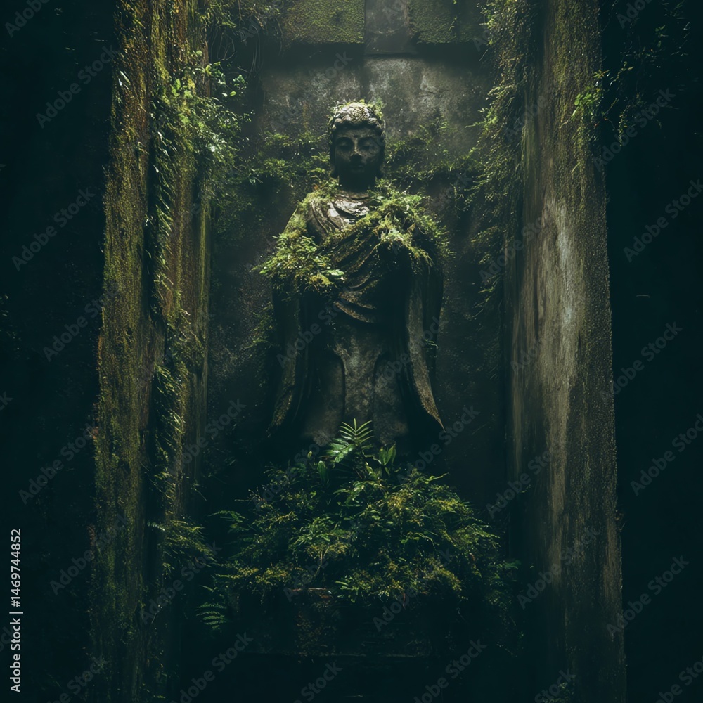 Fototapeta premium Ancient statue surrounded by lush greenery.