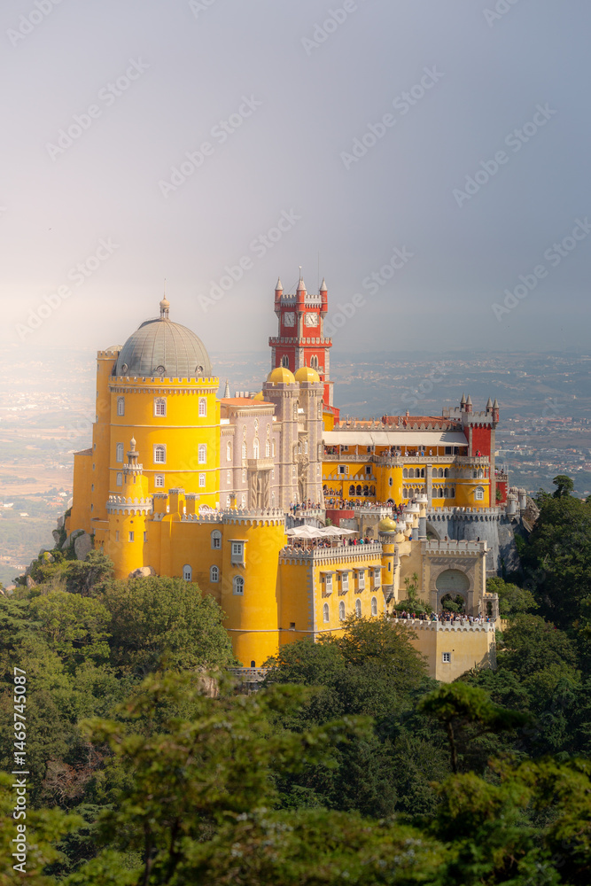 Tourists explore Pena Palace, a Romanticist castle in Sintra, Portugal