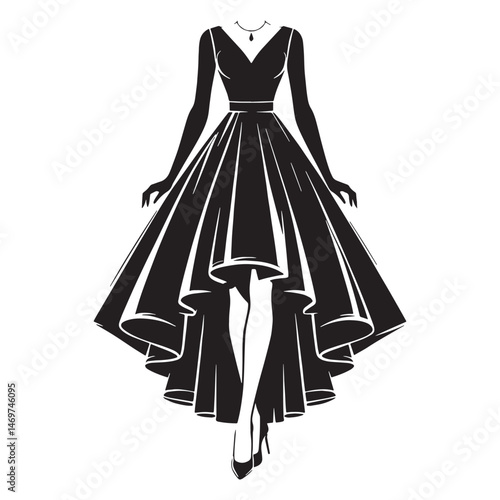 Stylish high-low dress silhouette with button detail – High-low dress vector – High-low dress illustration – ladies dress silhouette – silhouette of high-low dress


