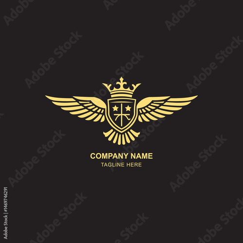 Golden winged shield with crown logo  symbol