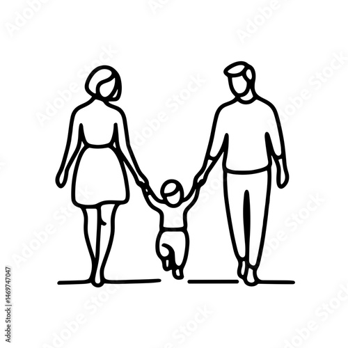Parents holding child's hands, vector, black line drawing, minimalistic, single line, simple line, isolated, transparent background 
