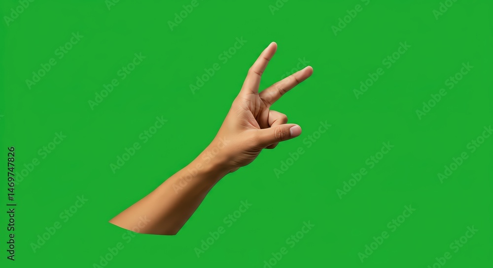 Naklejka premium Hand Gesture on Green Screen: Two Fingers Up