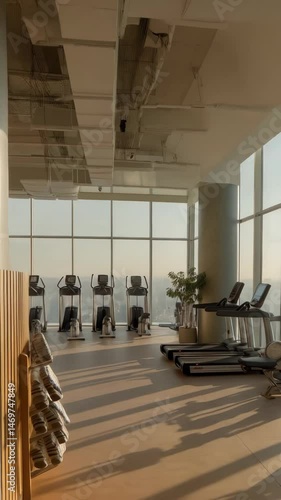 Bright modern indoor gym equipped with treadmills, elliptical trainers, and free weights on a high building in the daytime.