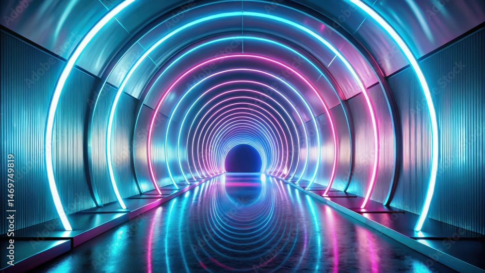 Abstract Futuristic Neon Tunnel with Vibrant Blue and Pink Lighting and Reflective Floor Abstract Futuristic Neon Tunnel with Vibrant Blue and Pink Lighting and Reflective Floor