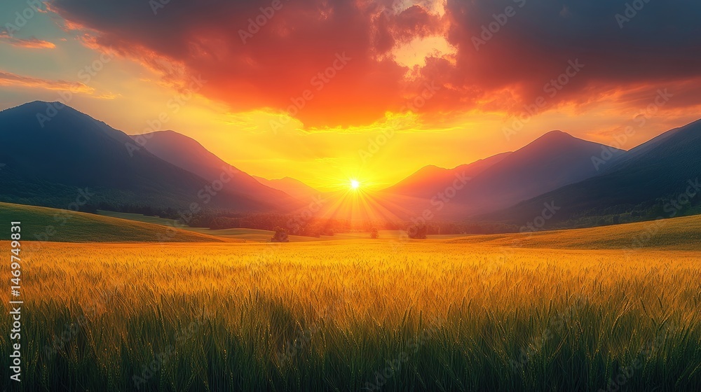 Dramatic sunset over a golden wheat field nestled between mountains. Dramatic sunset over a golden wheat field nestled between mountains.