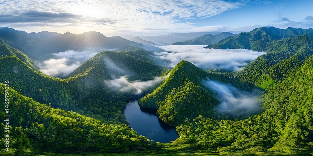 Obraz premium Panoramic drone view of lush rainforest landscape vibrant nature scenic environment