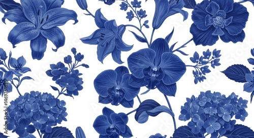 Elegant floral pattern design featuring various blue blossoms.