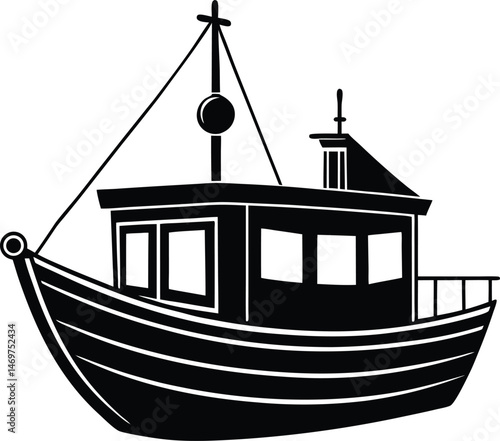 A nautical vector illustration shows a silhouette of a sailing ship and a fishing boat on the sea
