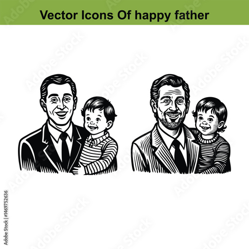 Happy Father and Child: Two heartwarming illustrations depict happy fathers embracing their young children.  The black and white style evokes a sense of timeless family love.