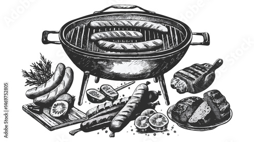 Monochrome Sketch Of Grilled Sausages And Steaks For Summer Barbecue