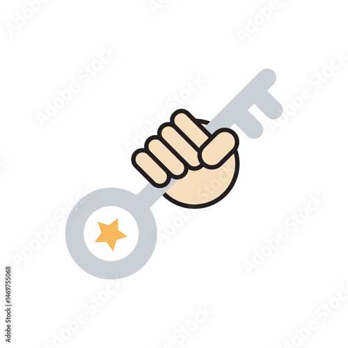 Hand holding a key with star icon vector. Cartoon hand grasping a silver key with a star, representing access, solution, or key to success.