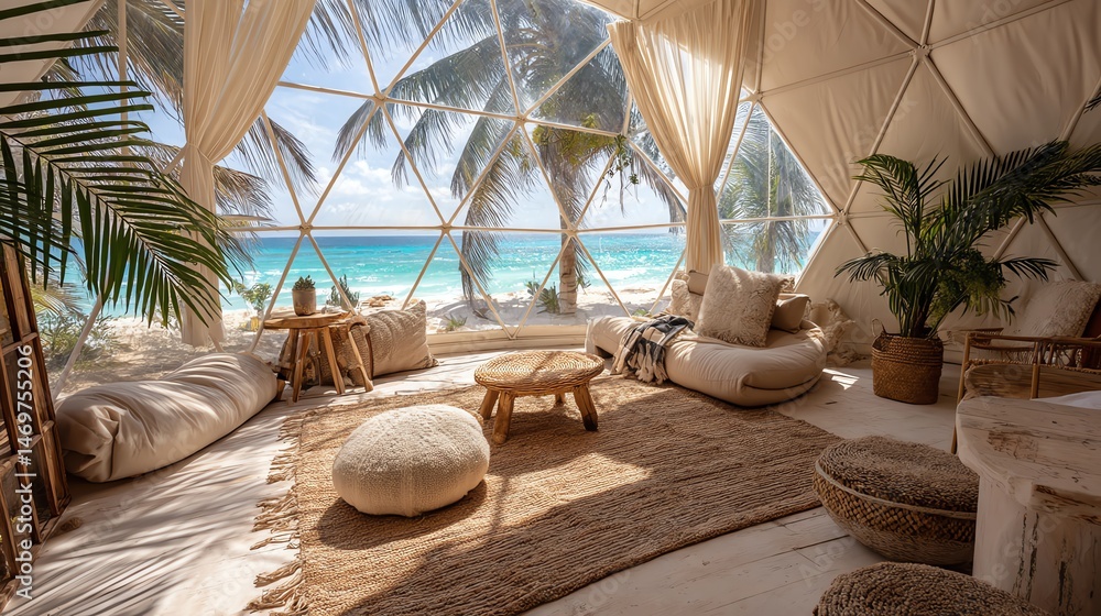 Obraz premium Cozy beachside dome interior with tropical views.