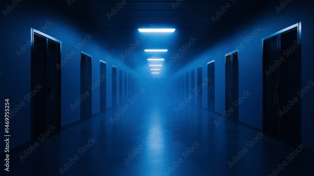 Fototapeta premium Empty Corridor, Neon Blue Light
