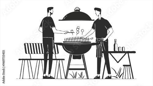 Monochrome Illustration Of Two Men Cooking Marshmallows On A Grill At A Picnic
