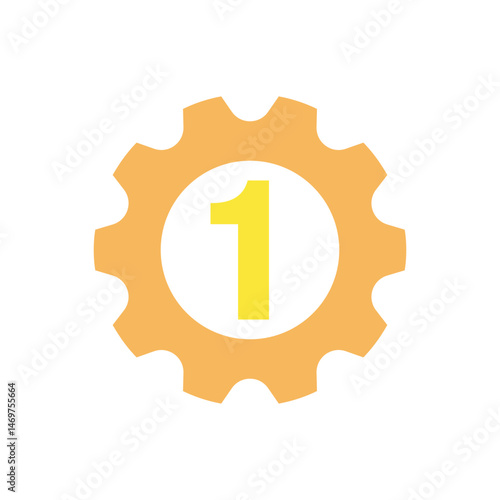 Gear with number one icon vector. Golden gear icon featuring the number one, representing best performance, top rank, or engineering excellence.