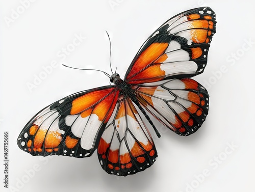 Vibrant monarch butterfly in mid-flight, intricate orange-black patterns against pure white background.