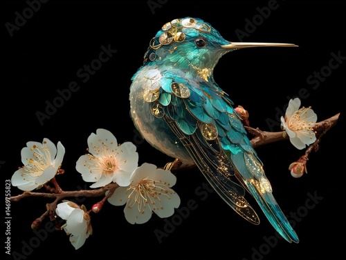 Golden hummingbird with gemstone adornments perches on white blossoms, stark black background highlights radiant colors.