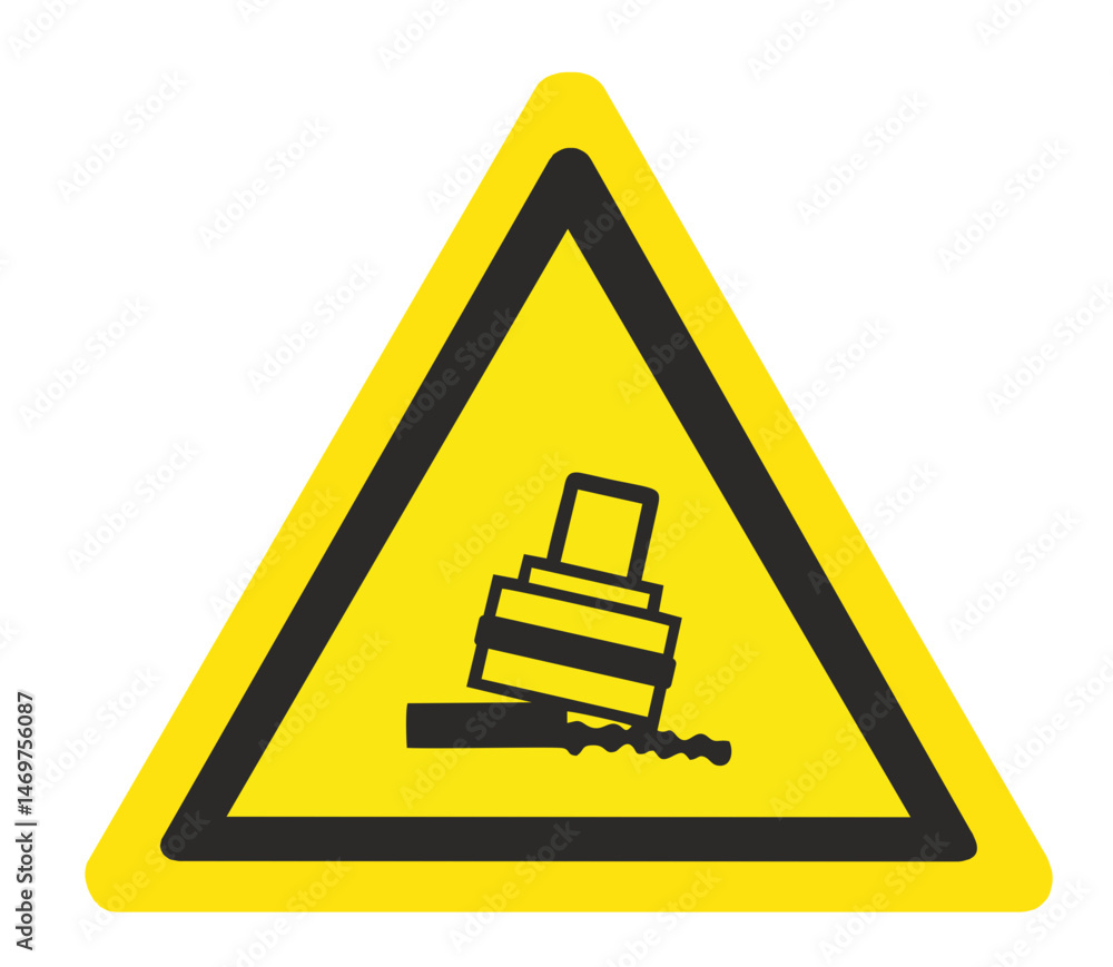 Yellow triangular warning sign featuring a tipping object, symbolizing an overhead crane hazard and promoting workplace safety Yellow triangular warning sign featuring a tipping object, symbolizing an overhead crane hazard and promoting workplace safety