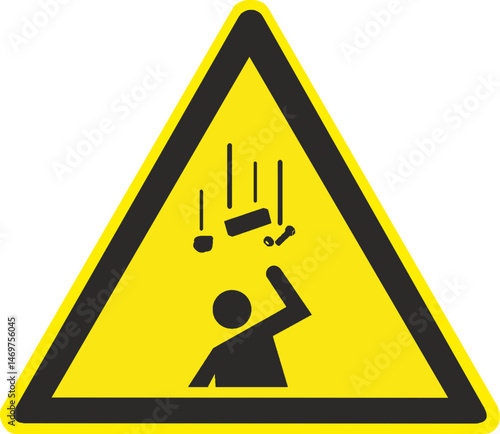 Falling objects danger sign. Falling objects warning sign. Caution, falling objects from a height on construction sites cause injury. Yellow triangle sign with icon of falling tools on a person.