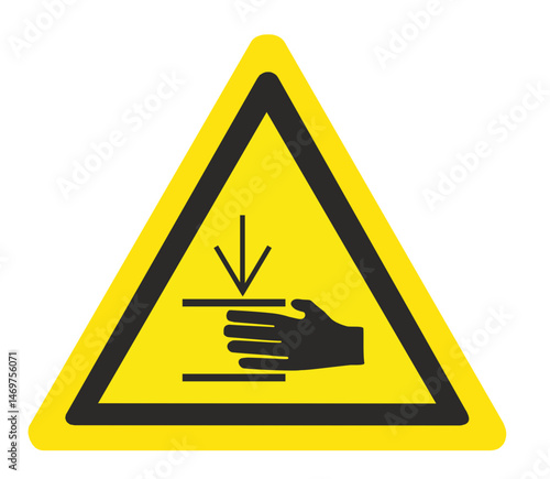Hand injury sign. Hand crush sign. Hand Pinch Point Sign. Warning sign. Yellow triangle sign with hand icon and pressure inside. Risk of hand injury. The force of crushing hands from above.