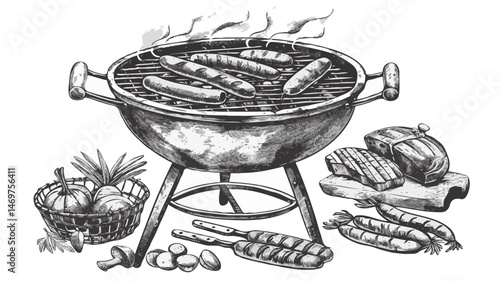 Hand Drawn Barbecue Grill With Sausages Meat And Vegetables Preparation Sketch