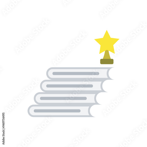 Stack of books with a golden trophy star. Ideal for education, academic success, and knowledge achievements. 
