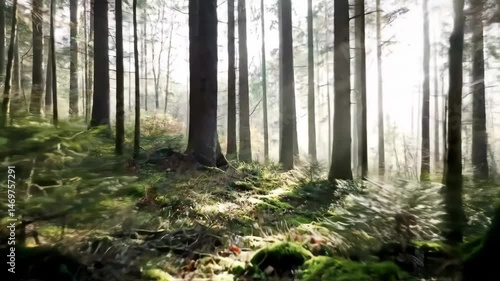 Sunlight Rays Piercing Through Misty Forest