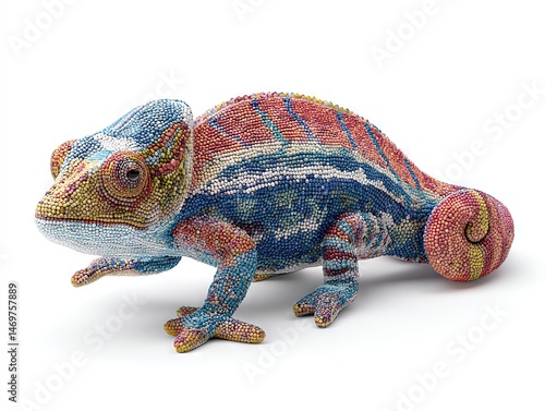 Bead-structured chameleon with cyan-to-yellow gradient, 3D texture highlights on pure white background.
