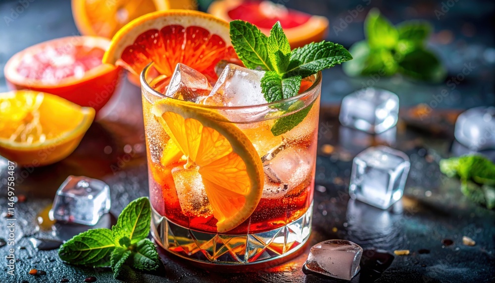 Glass of orange juice with ice and mint Glass of orange juice with ice and mint