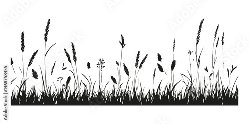 Silhouette Of Grasses And Wildflowers Solid Icon. Nature And Ecology Theme Silhouette Symbol. Botanical And Natural Grass Illustration. Isolated Vector Illustration