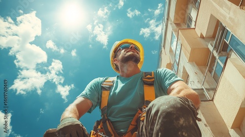 A worker in safety gear against a building's exterior.