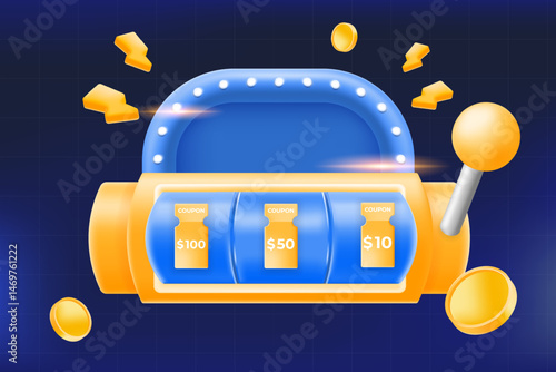 lucky machine with discount coupons worth $100, $50, and $10, surrounded by gold coins.  online deals, ecommerce promotions, or gamified shopping reward