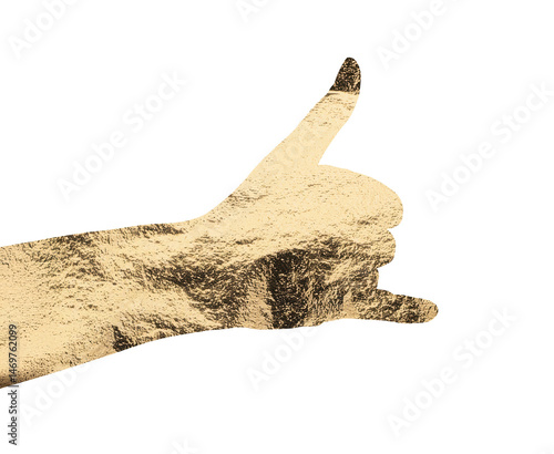 Gold metallic shaka hand gesture, symbolizing aloha, freedom, and a relaxed lifestyle. Stylish and
