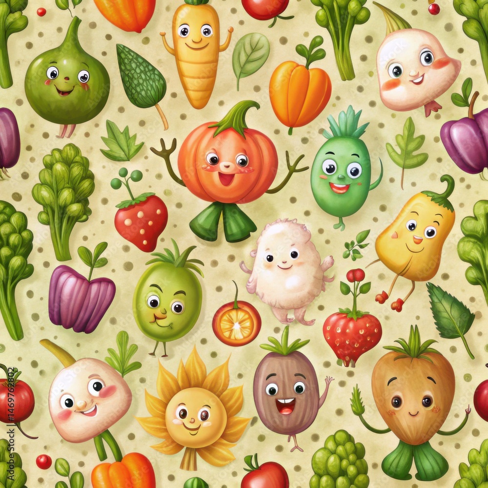 Fototapeta premium Cheeky vegetables and fruits smiling on a playful background 