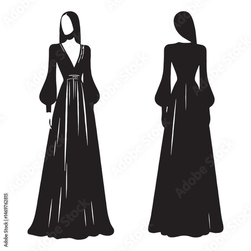 Flowing and airy maxi dress silhouette with delicate ruffles, perfect for summer days – Maxi dress vector – Maxi dress illustration – ladies dress silhouette – silhouette of maxi dress


