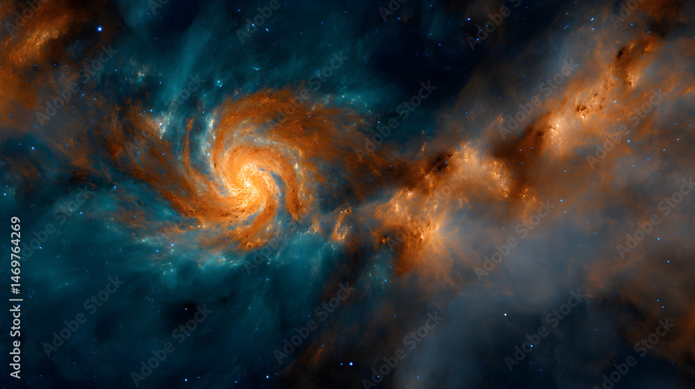 Fototapeta premium Glowing orange and blue whirlwind nebula in a vast cosmic landscape