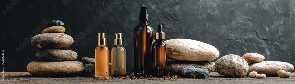 Naklejka premium Elegant arrangement of bottles and stones.