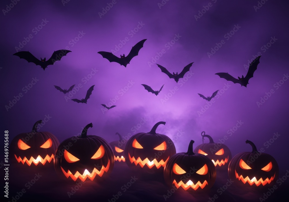 Naklejka premium Halloween night scene with glowing jack o' lanterns and bats silhouettes against a purple foggy sky. Spooky holiday concept for backgrounds and decorations.