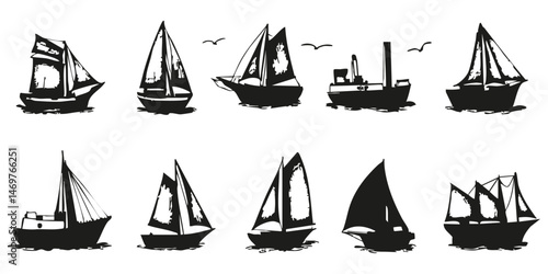 Sailing And Motor Boats Silhouette Set. Nautical Adventure And Marine Exploration Isolated Vector Illustration Collection