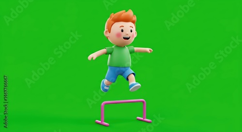 Playful 3D Render of a Happy Boy Jumping Over a Hurdle on a Green Background